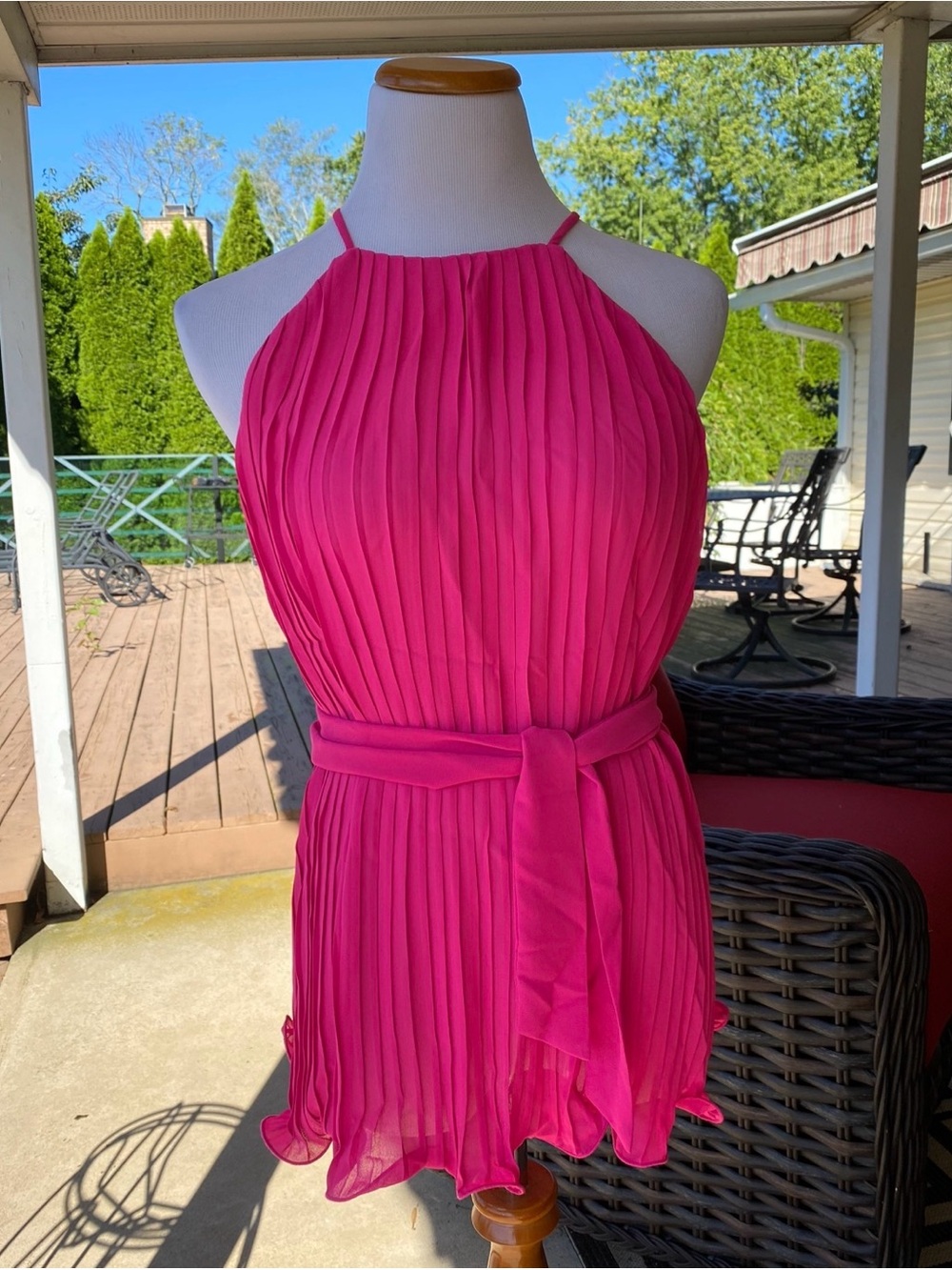 Endless Rose Hot Pink Pleated Halter Mini Dress with Waist Tie